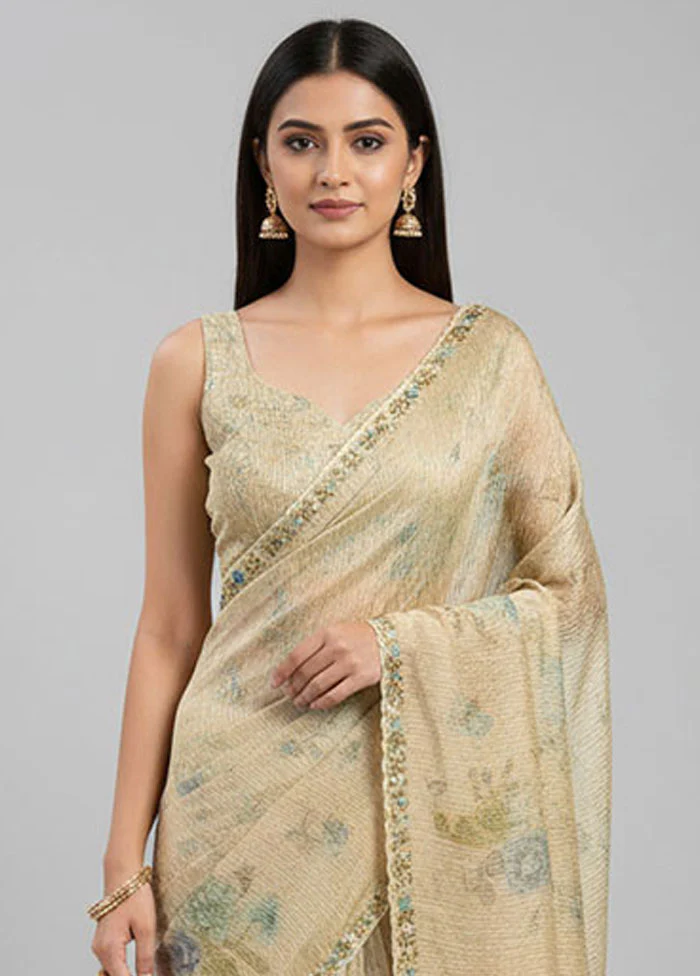 Cream Tissue Silk Saree With Blouse Piece - Image 2