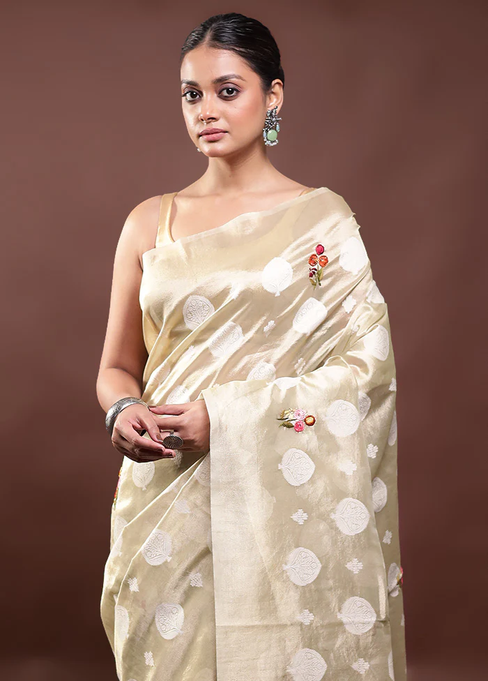 Cream Tissue Silk Saree With Blouse Piece - Image 2