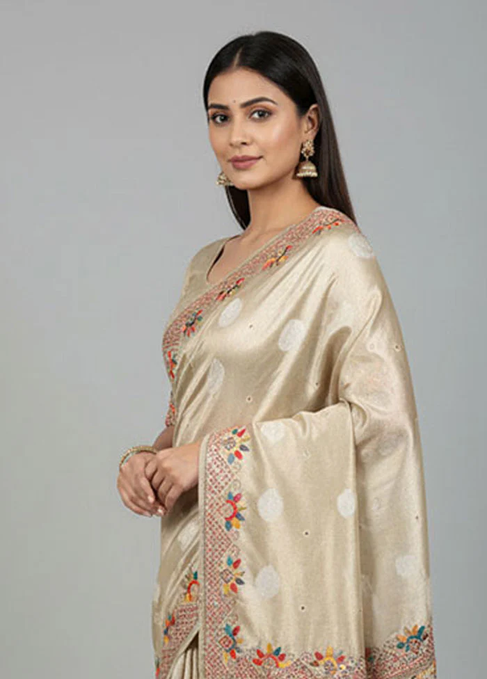 Cream Tissue Silk Saree With Blouse Piece - Image 2