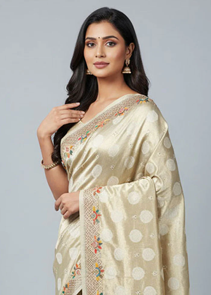 Cream Tissue Silk Saree With Blouse Piece - Image 2