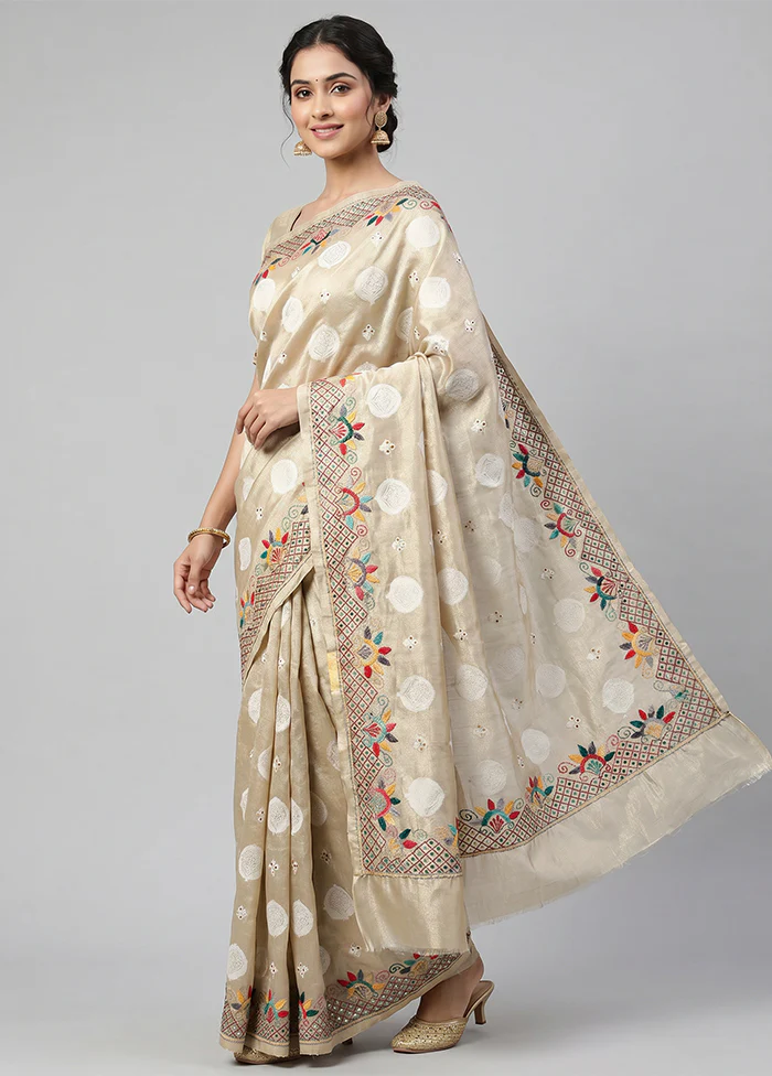Cream Tissue Silk Saree With Blouse Piece