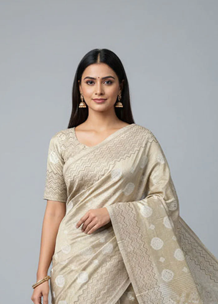 Cream Tissue Silk Saree With Blouse Piece - Image 2
