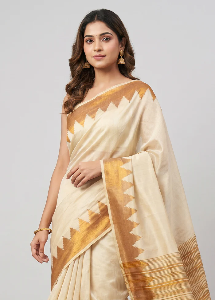 Cream Tissue Silk Saree With Blouse Piece - Image 2