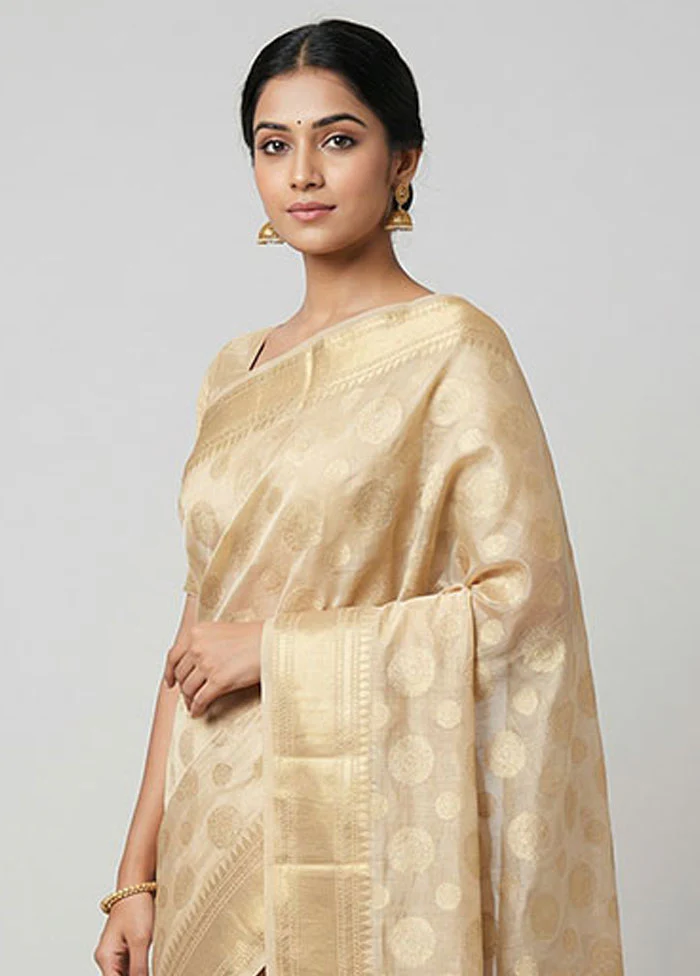Cream Tissue Silk Saree With Blouse Piece - Image 2