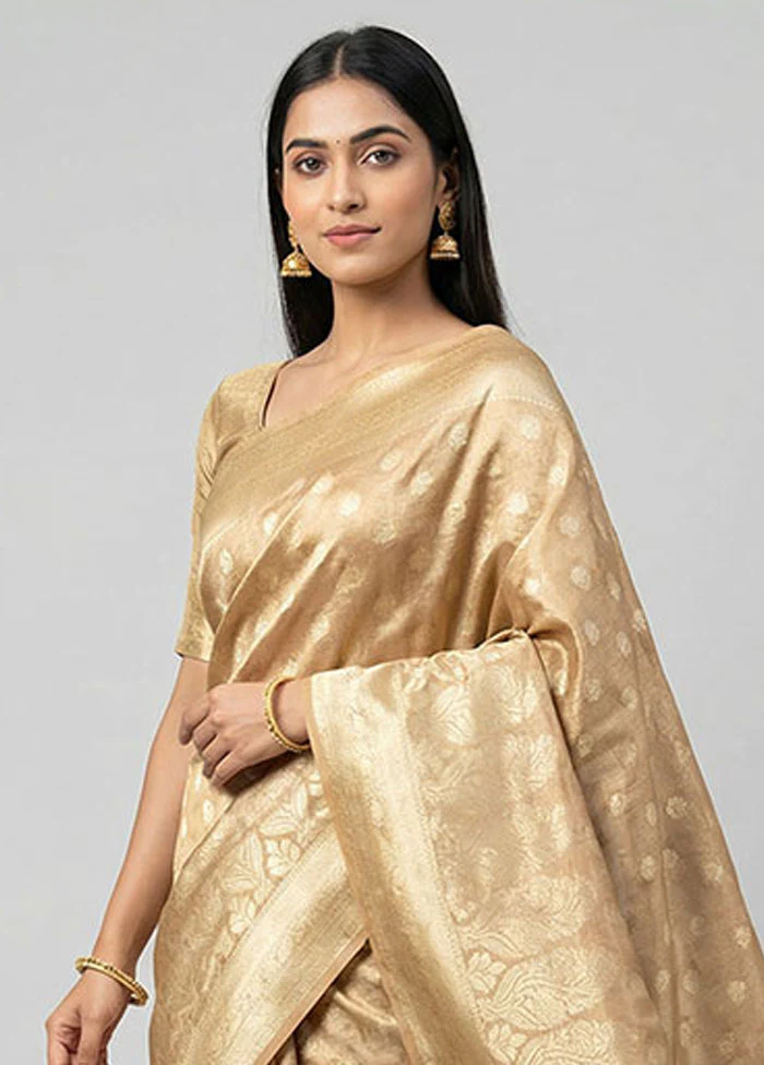 Cream Tissue Silk Saree With Blouse Piece - Image 2
