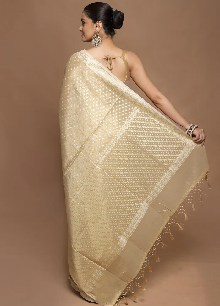 Cream Tissue Silk Saree With Blouse Piece - Image 3