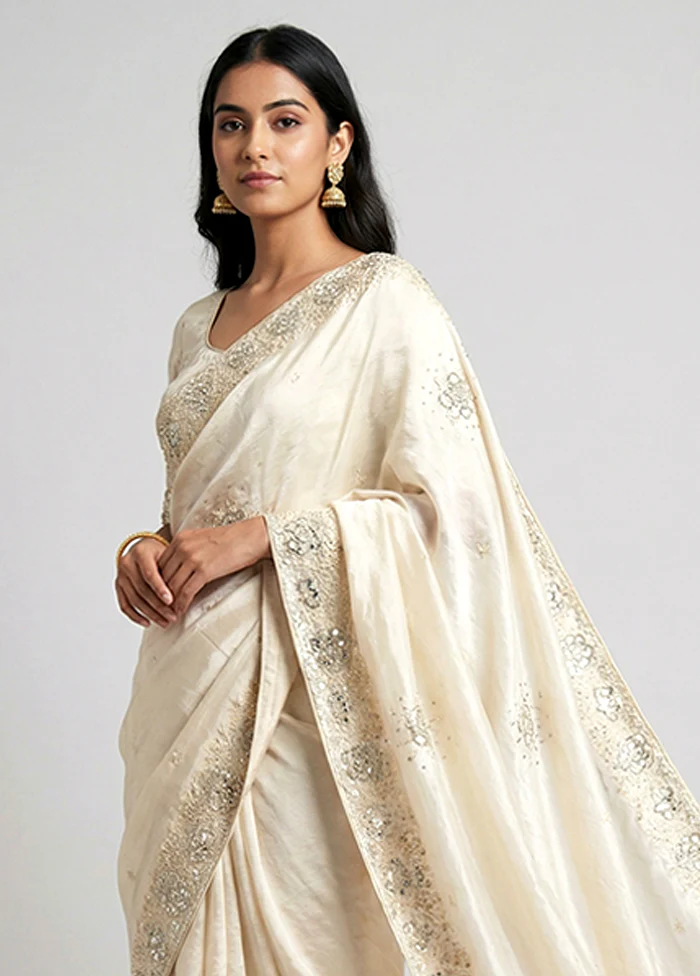 Cream Tissue Silk Saree With Blouse Piece - Image 2