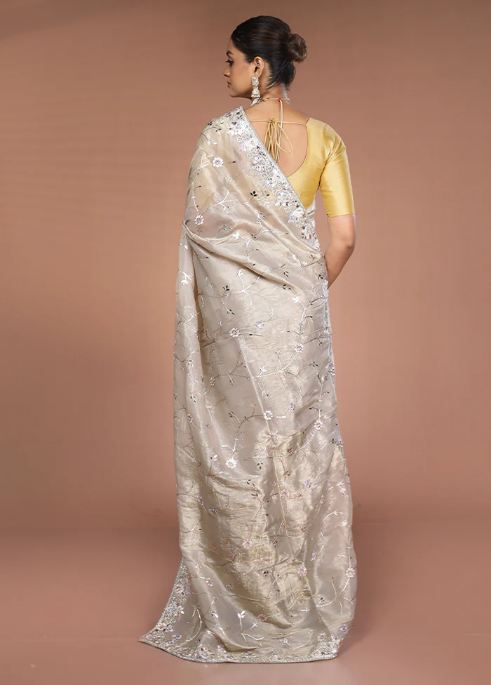 Cream Tissue Silk Saree With Blouse Piece - Image 3