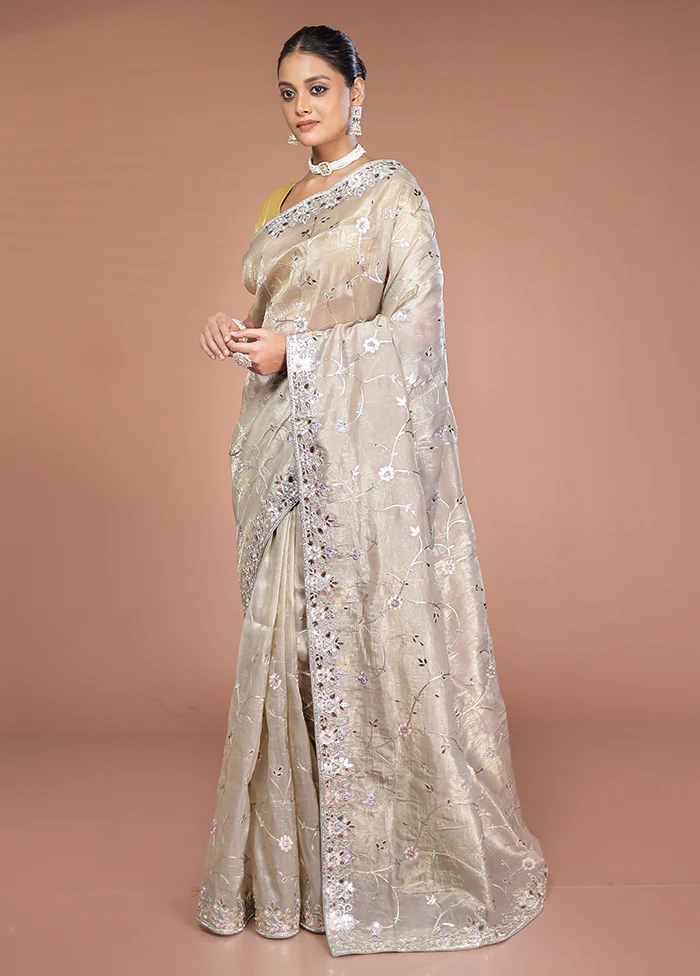 Cream Tissue Silk Saree With Blouse Piece - Image 4