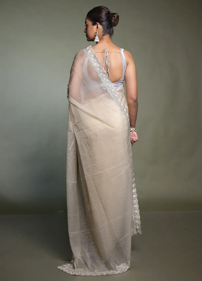 Cream Crushed Tissue Silk Saree With Blouse Piece - Image 3
