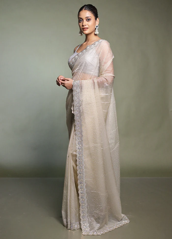 Cream Crushed Tissue Silk Saree With Blouse Piece - Image 4