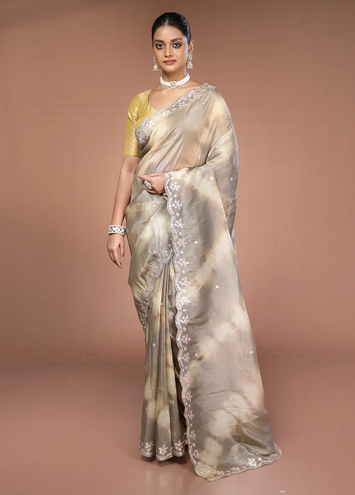 Cream Tissue Silk Saree With Blouse Piece - Image 2