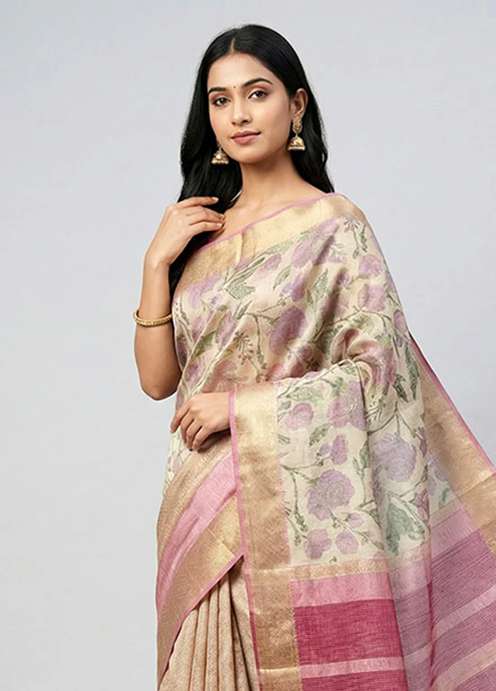 Cream Tissue Silk Saree With Blouse Piece - Image 2