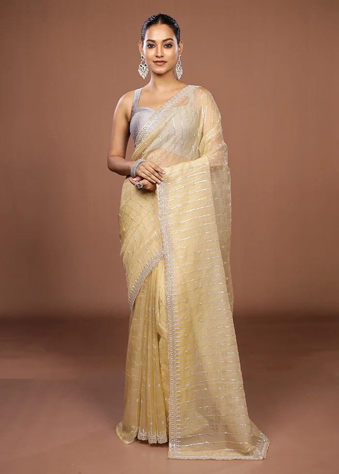 Cream Tissue Silk Saree With Blouse Piece - Image 2