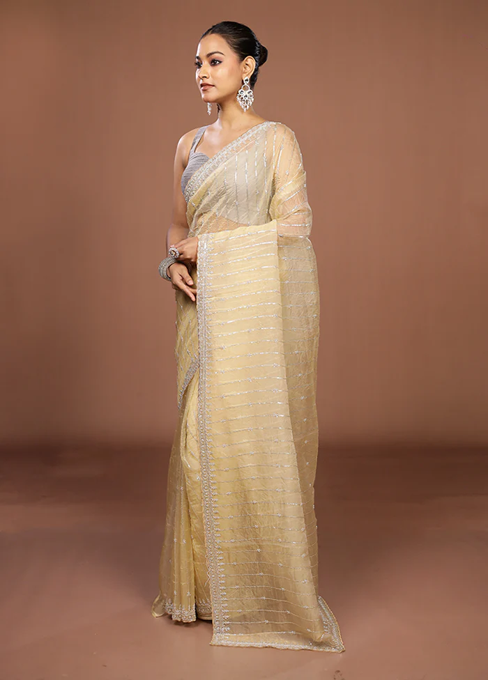 Cream Tissue Silk Saree With Blouse Piece - Image 4