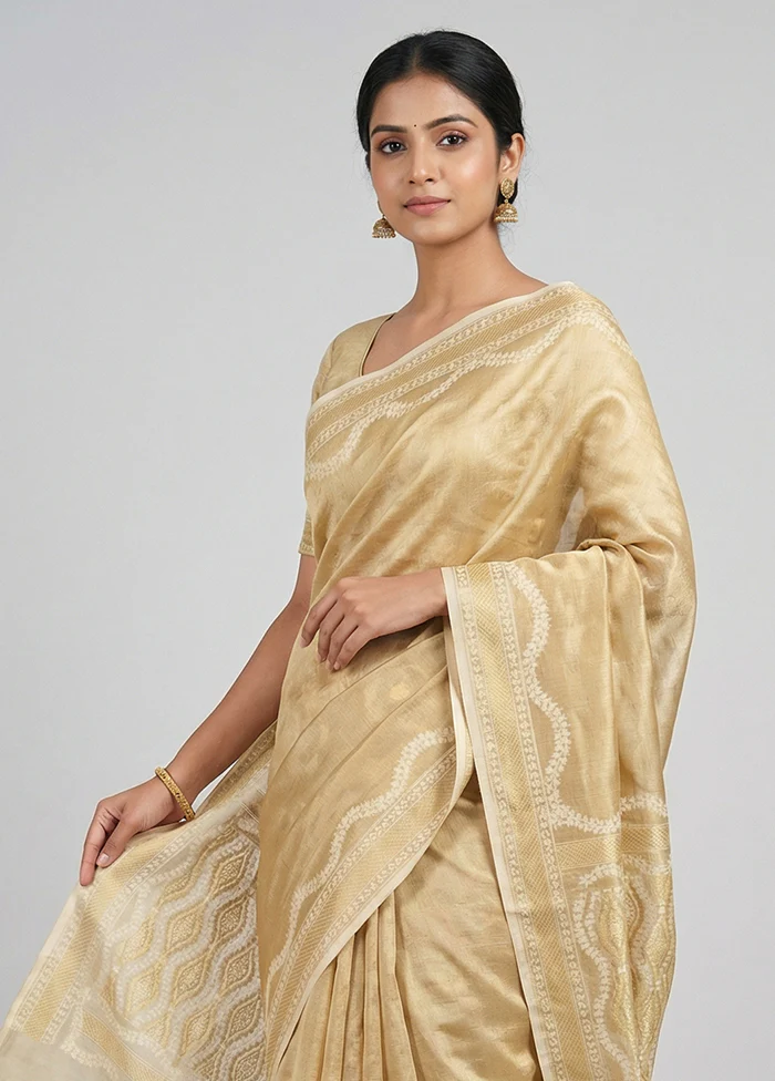 Cream Tissue Silk Saree With Blouse Piece - Image 2