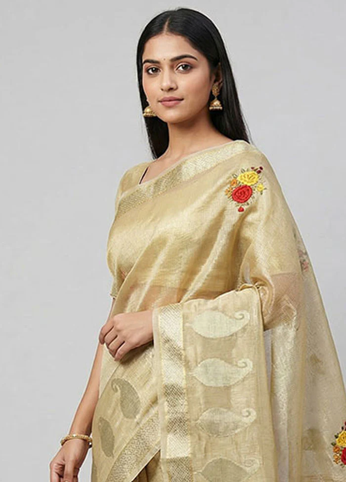 Cream Tissue Silk Saree With Blouse Piece - Image 2