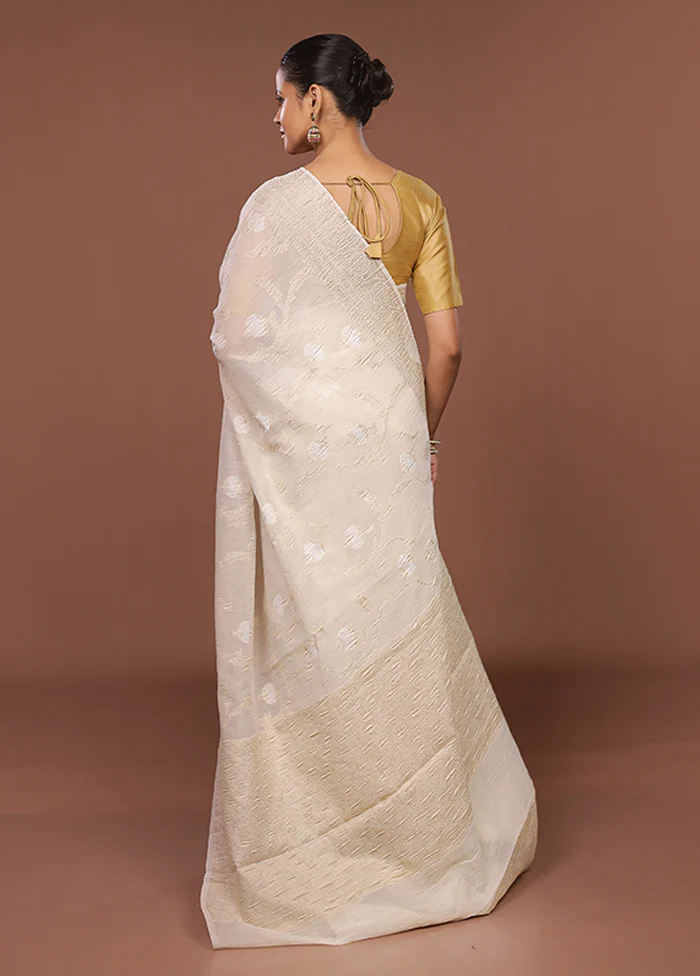 White Tissue Silk Saree With Blouse Piece - Image 3