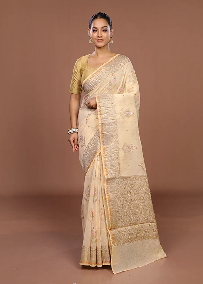 Cream Tissue Silk Saree With Blouse Piece - Image 2