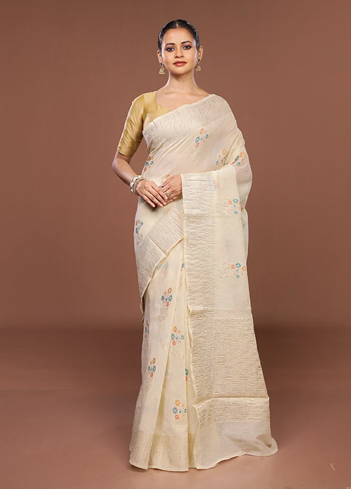 Cream Tissue Silk Saree With Blouse Piece - Image 2