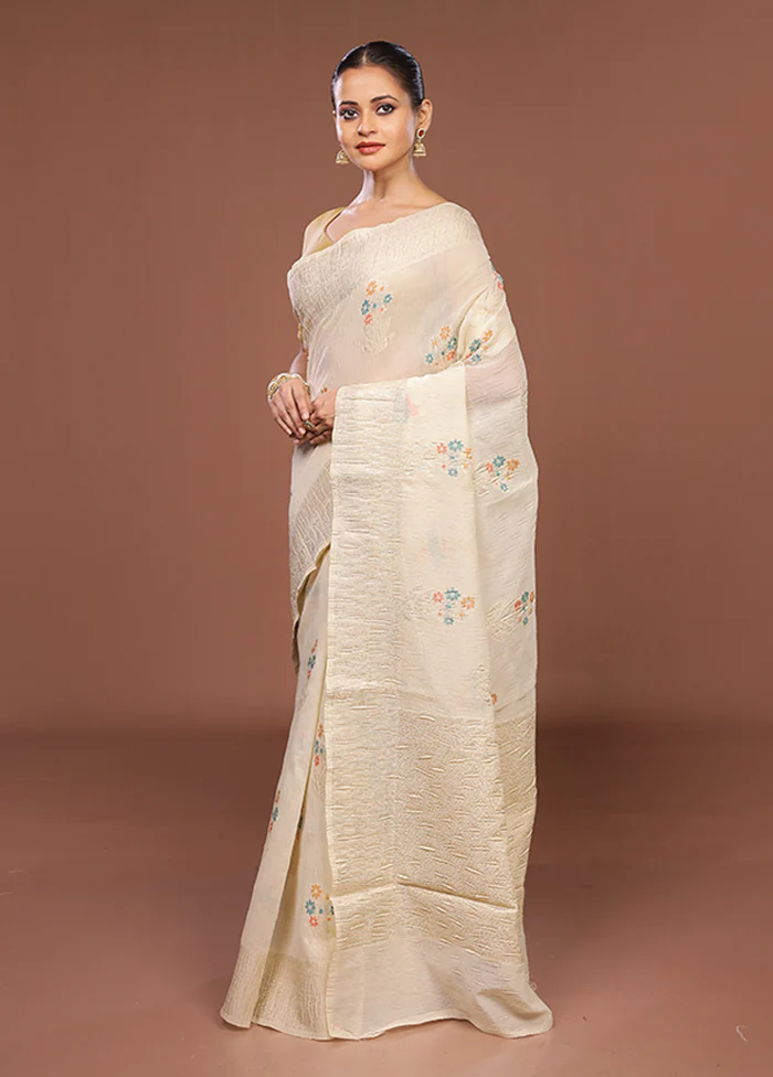 Cream Tissue Silk Saree With Blouse Piece - Image 4