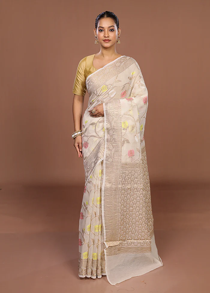 Cream Tissue Silk Saree With Blouse Piece - Image 2