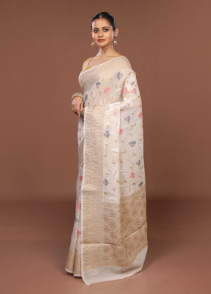 Cream Tissue Silk Saree With Blouse Piece - Image 4