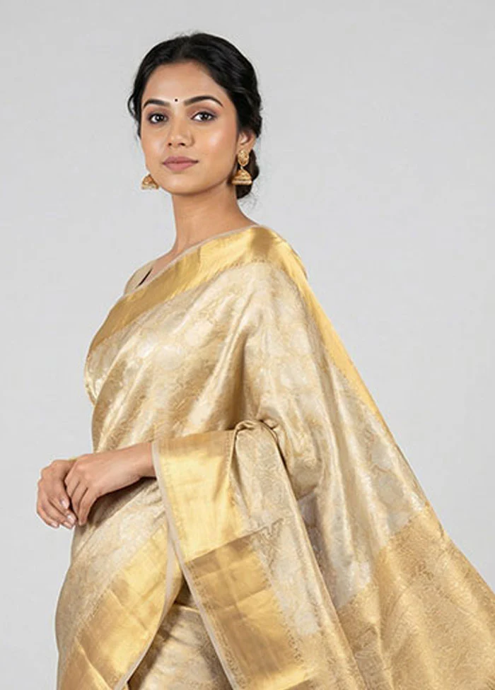 Cream Tissue Silk Saree With Blouse Piece - Image 2