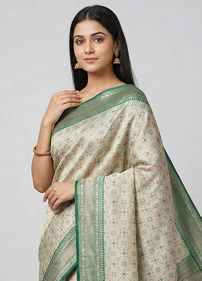 Cream Tissue Silk Saree With Blouse Piece - Image 2