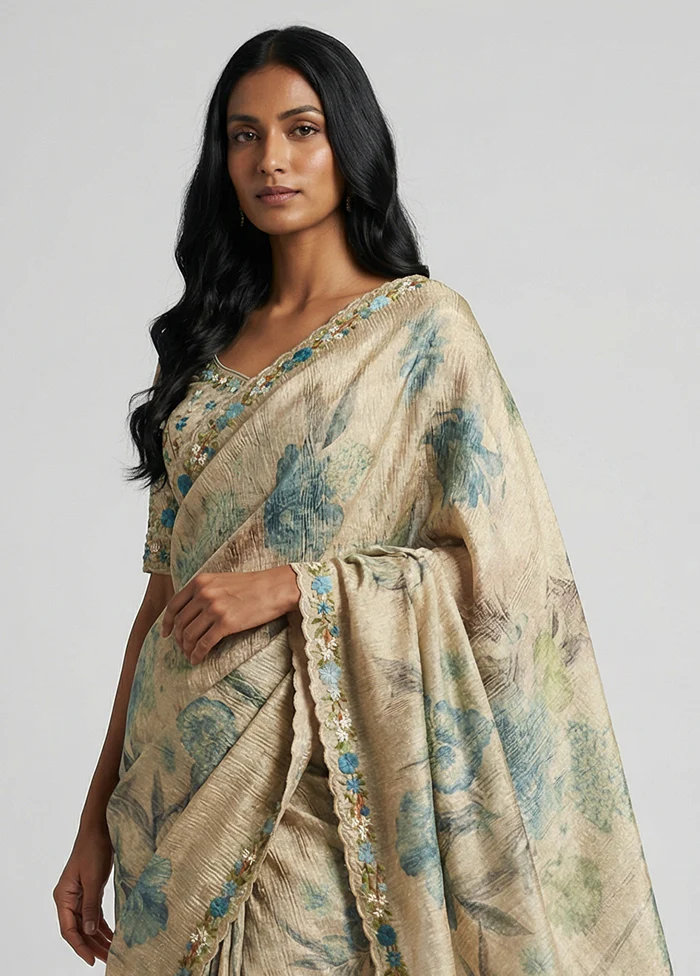 Cream Tissue Silk Saree With Blouse Piece - Image 2