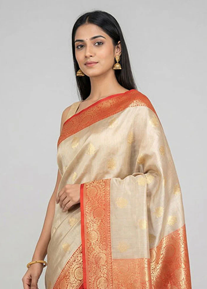 Cream Tissue Silk Saree With Blouse Piece - Image 2