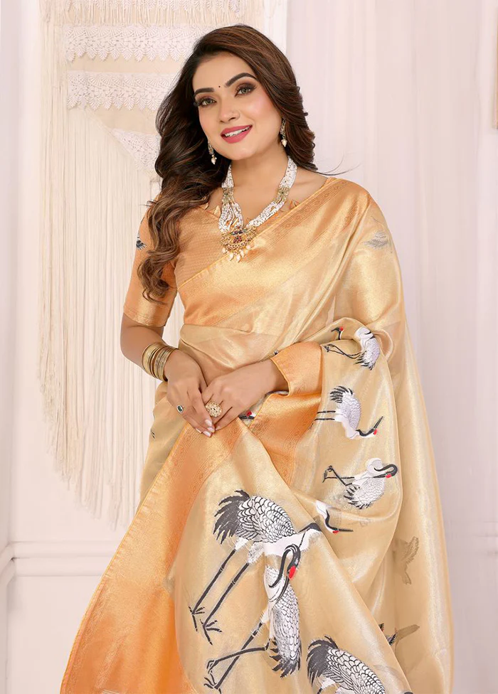 Cream Tissue Silk Saree With Blouse Piece - Image 2
