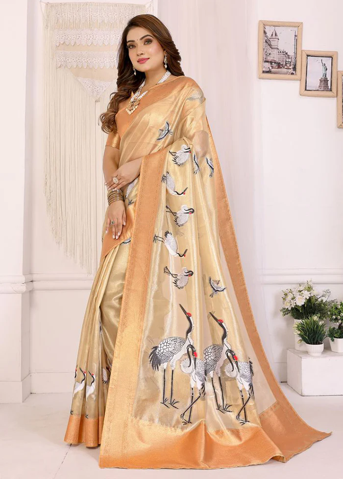 Cream Tissue Silk Saree With Blouse Piece - Image 3