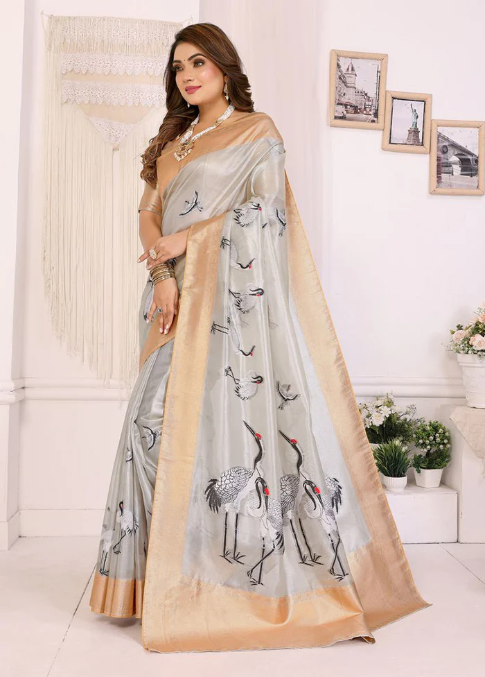 Cream Tissue Silk Saree With Blouse Piece - Image 3