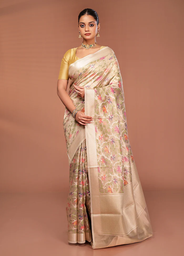 Cream Tissue Silk Saree With Blouse Piece - Image 2