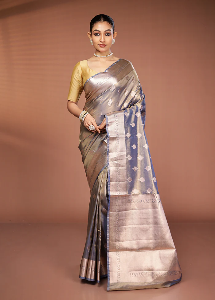Blue Tissue Silk Saree With Blouse Piece - Image 2