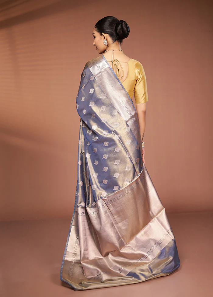 Blue Tissue Silk Saree With Blouse Piece - Image 3