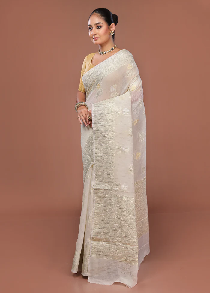 White Tissue Silk Saree With Blouse Piece - Image 4
