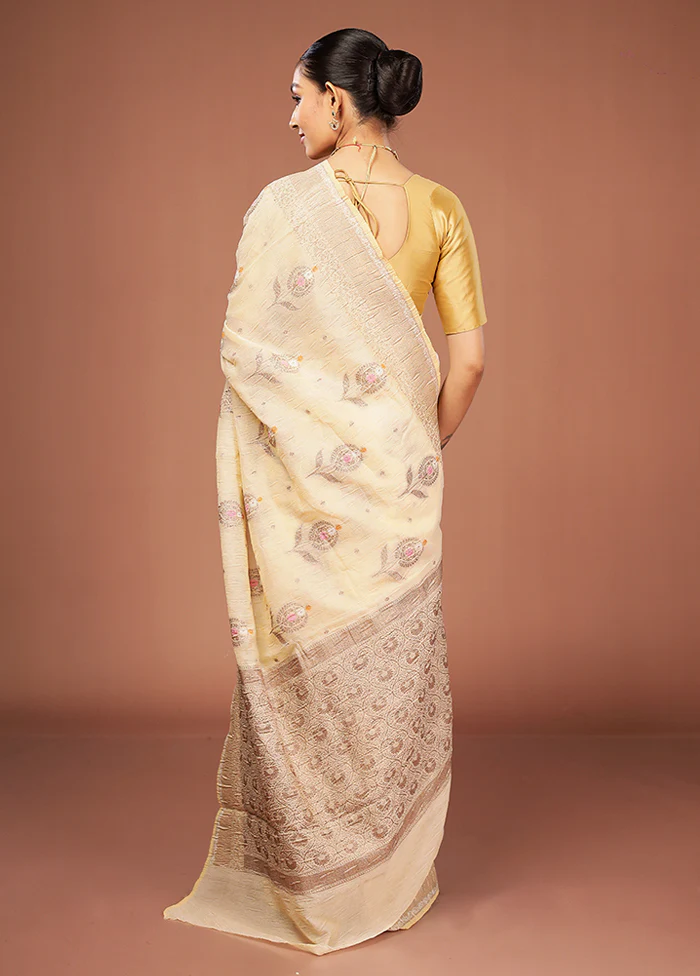 Cream Tissue Silk Saree With Blouse Piece - Image 3