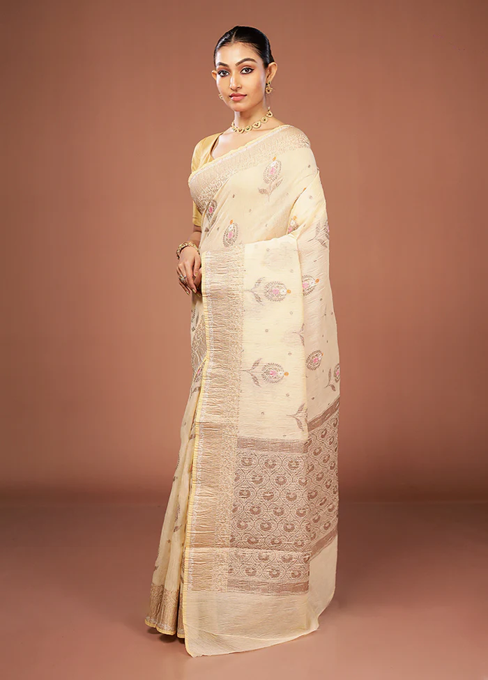 Cream Tissue Silk Saree With Blouse Piece - Image 4