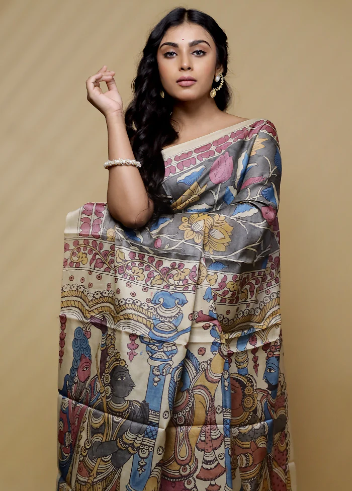Cream Tussar Pure Silk Saree With Blouse Piece - Image 3