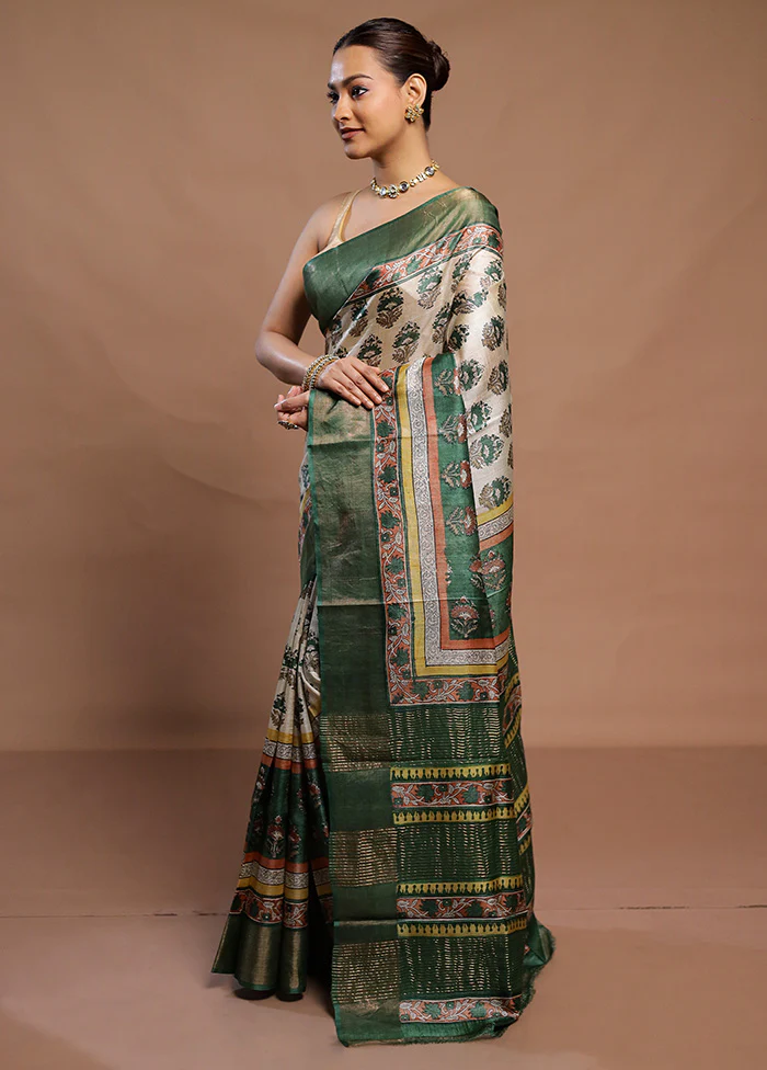 Cream Tussar Silk Saree With Blouse Piece - Image 4