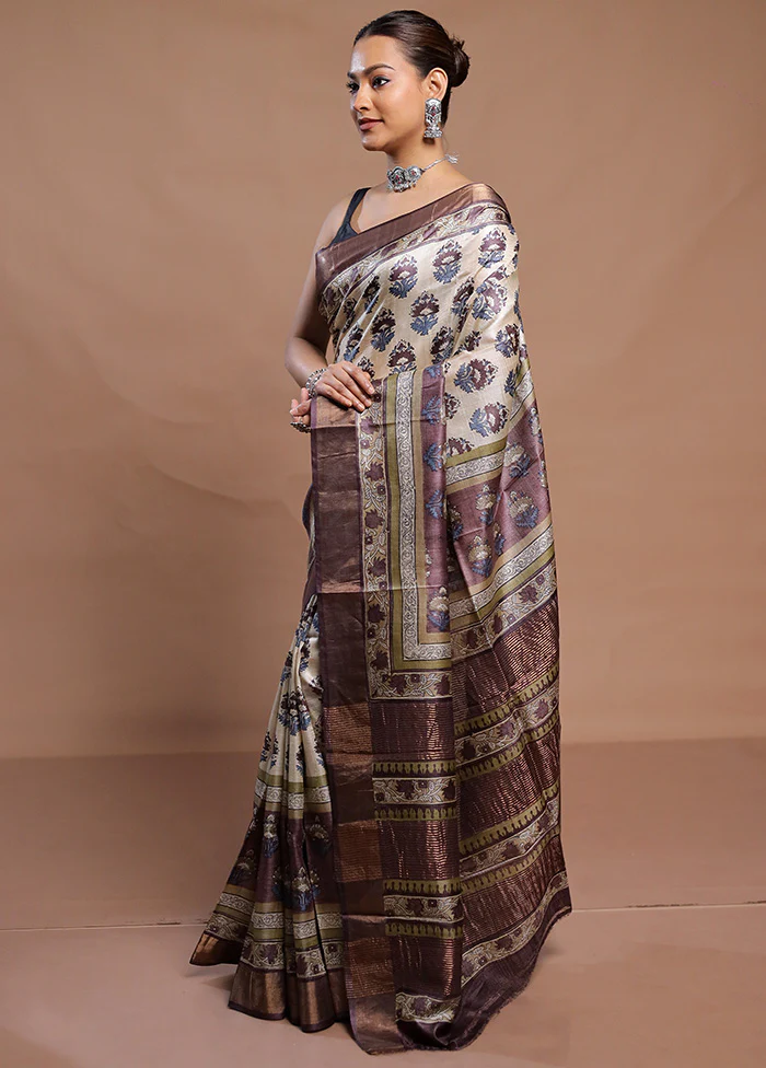 Cream Tussar Silk Saree With Blouse Piece - Image 4