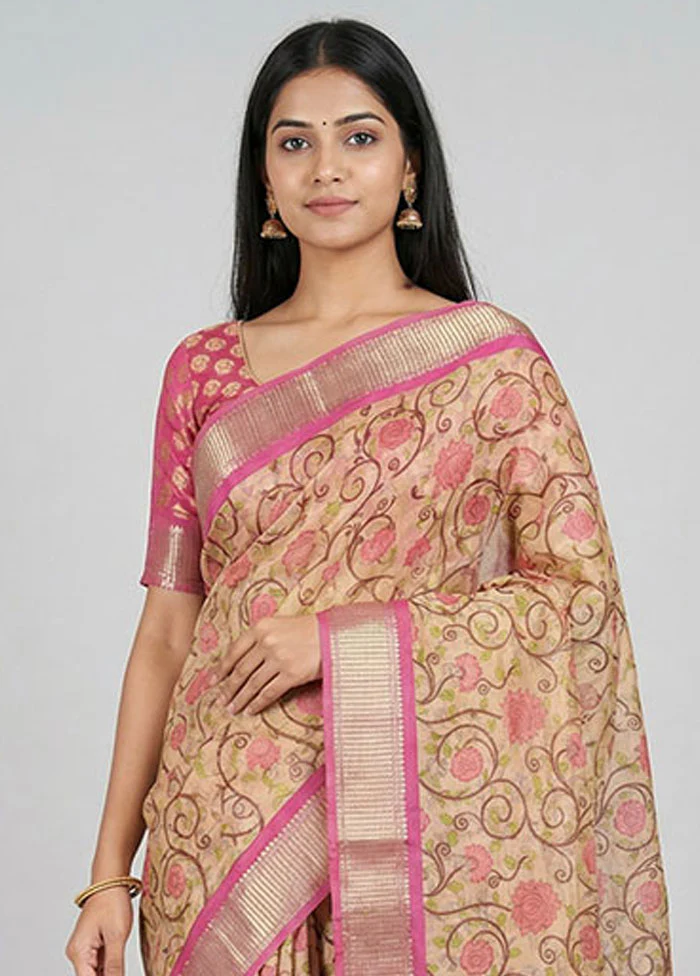 Cream Tussar Silk Saree With Blouse Piece - Image 2
