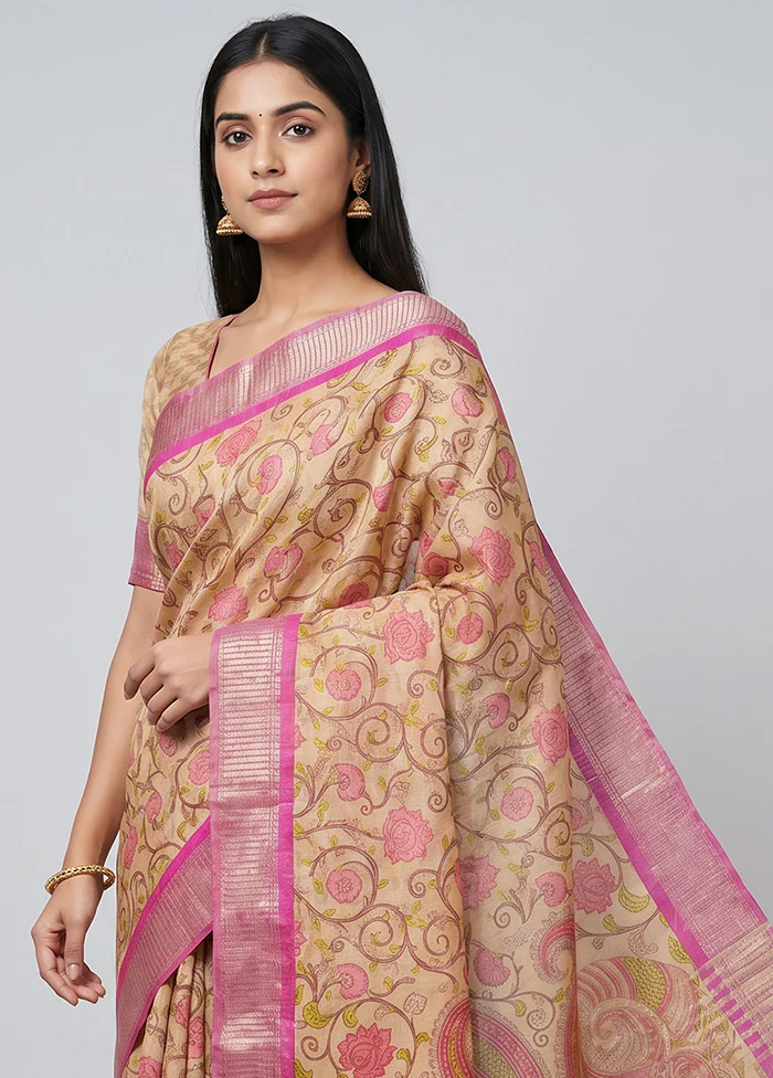 Cream Tussar Silk Saree With Blouse Piece - Image 2
