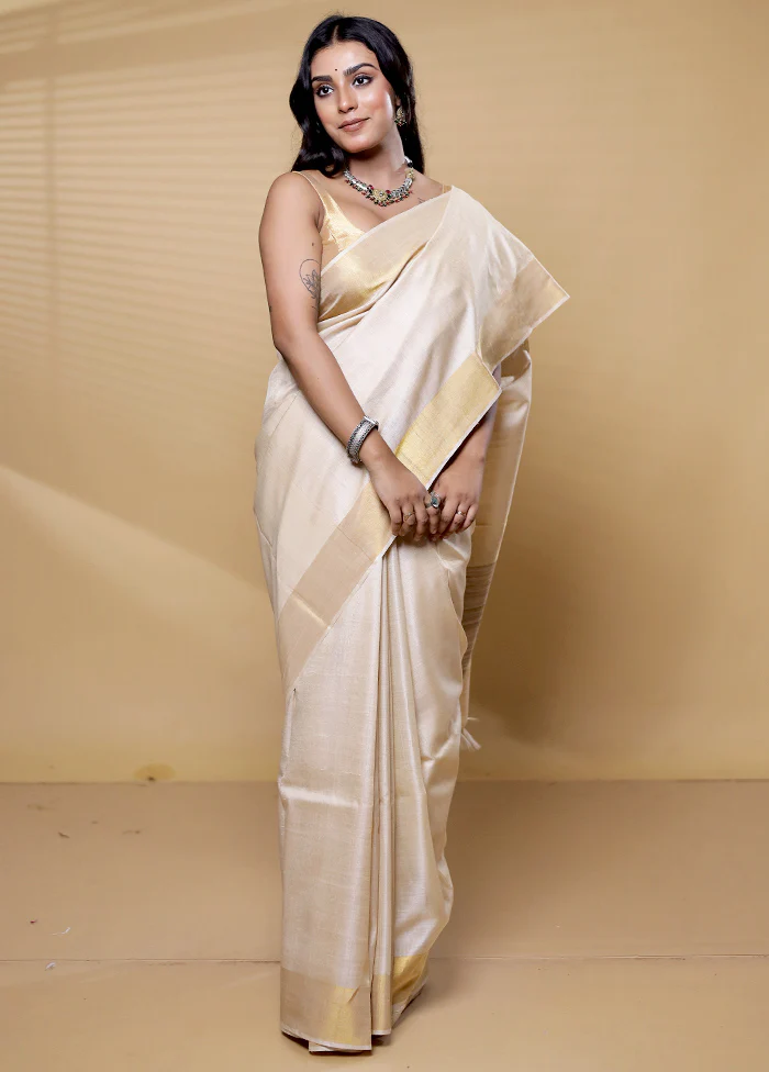Cream Tussar Silk Saree With Blouse Piece - Image 2