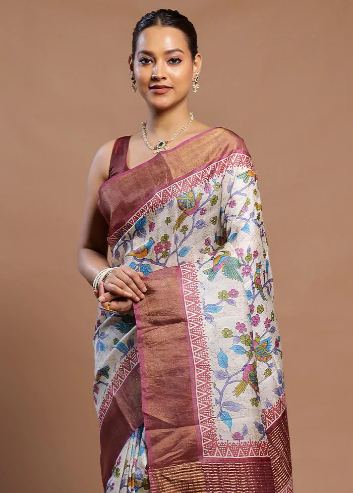 Cream Tussar Silk Saree With Blouse Piece - Image 2