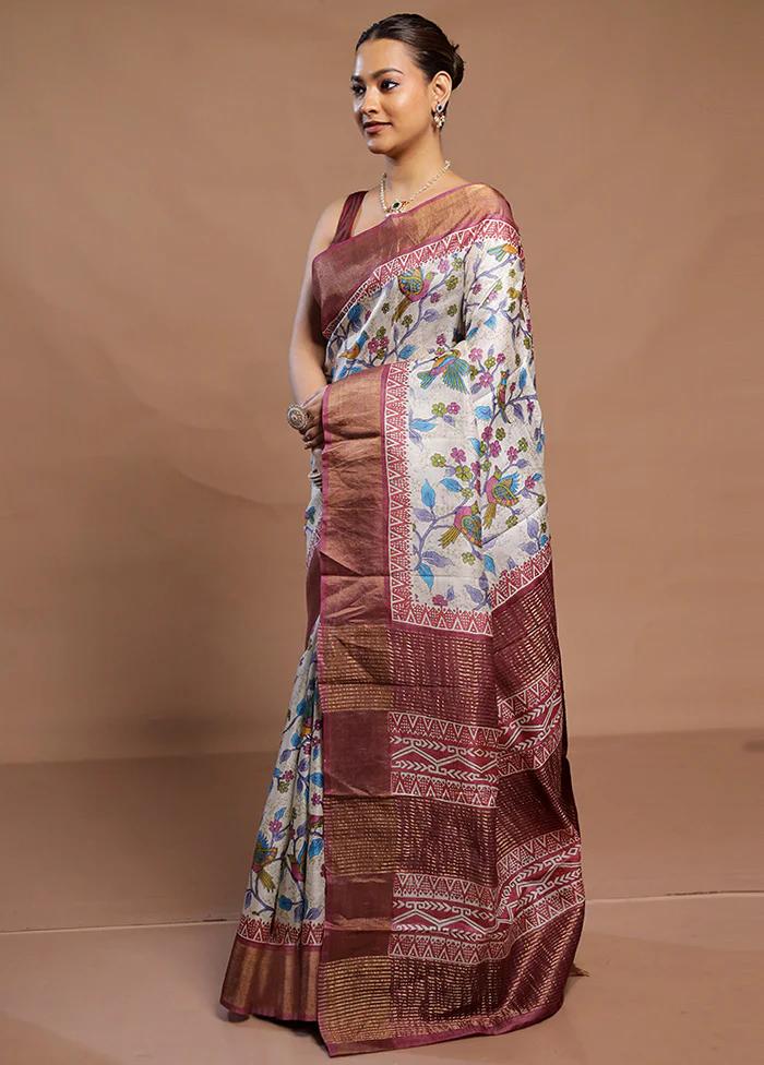 Cream Tussar Silk Saree With Blouse Piece - Image 4