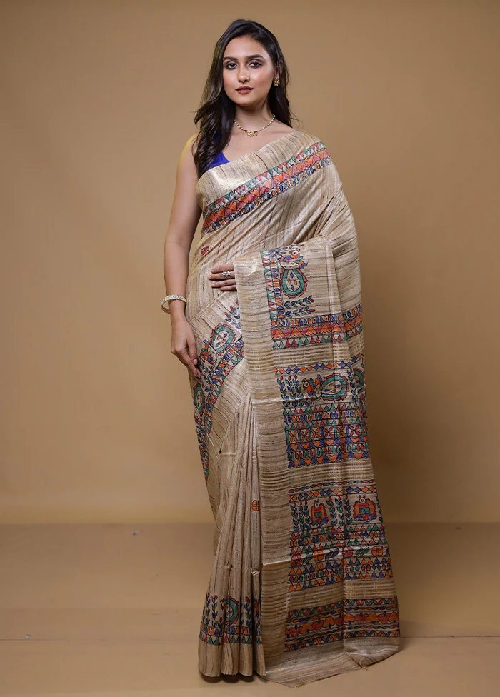 Cream Tussar Silk Saree With Blouse Piece - Image 2