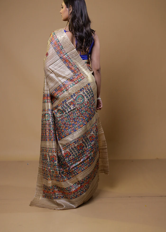 Cream Tussar Silk Saree With Blouse Piece - Image 3